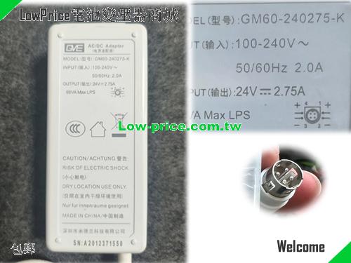  Genuine GVE GM60-240275-K AC/DC Adapter 24v 2.75A 66W PSU GVE 24V 2.75A 66W 筆電變壓器 