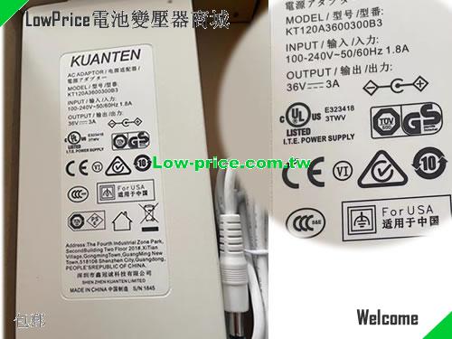  Genuine KUANTEN KT120A3600300B3 AC Adapter 36v 3A Power Supply KUANTEN 36V 3A 108W 筆電變壓器 