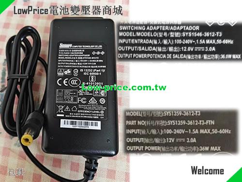 SUNNY SYS1546-3612-T3 筆電變壓器 12V 3A 36W